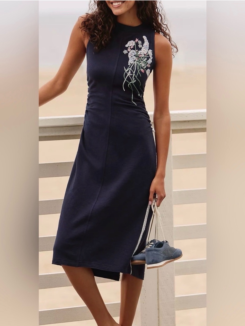 Anthropologie Daily Practice Ruched Navy French Terry Embroidered dress NWT Sz L